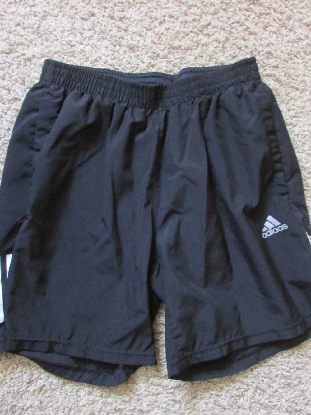 Adidas Medium Athletic Jogging Run Shorts Black White Stripes Inside Brief Liner